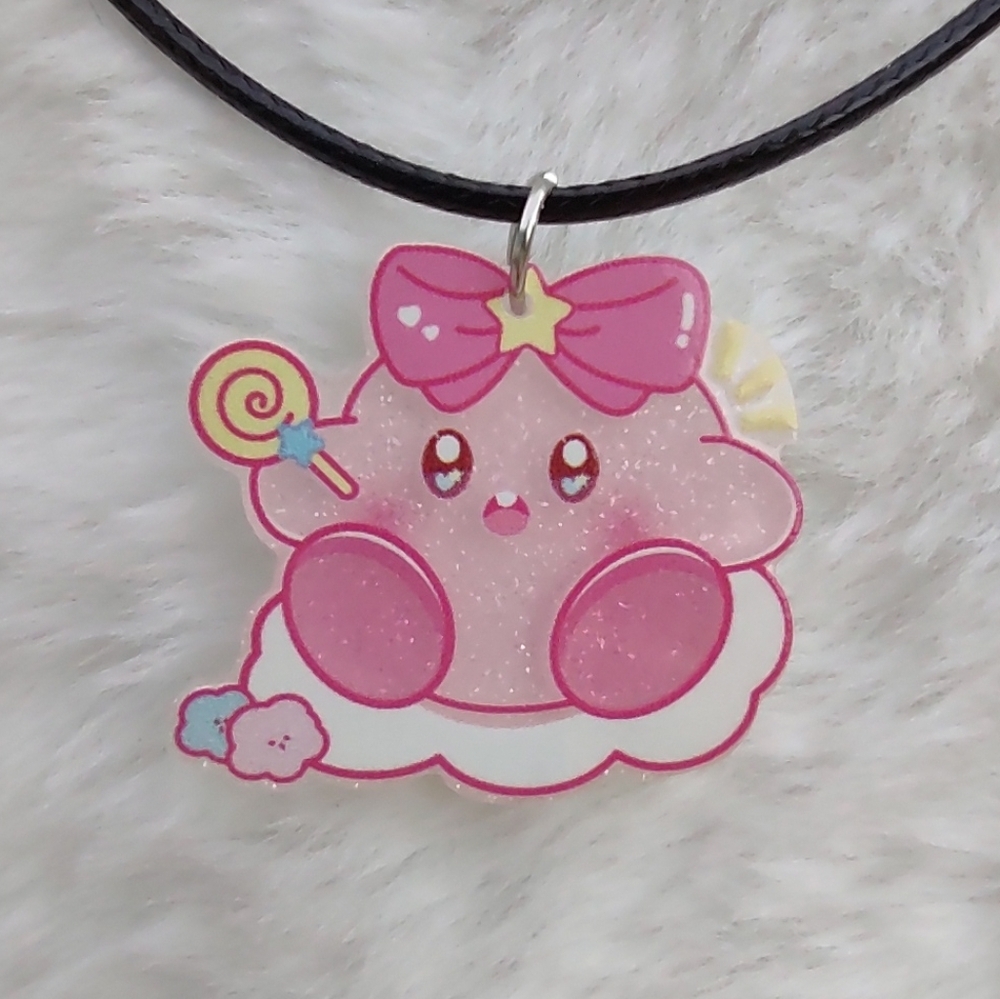 2/$10 Handmade Cute Kirby With Bow Acrylic Charm Necklace